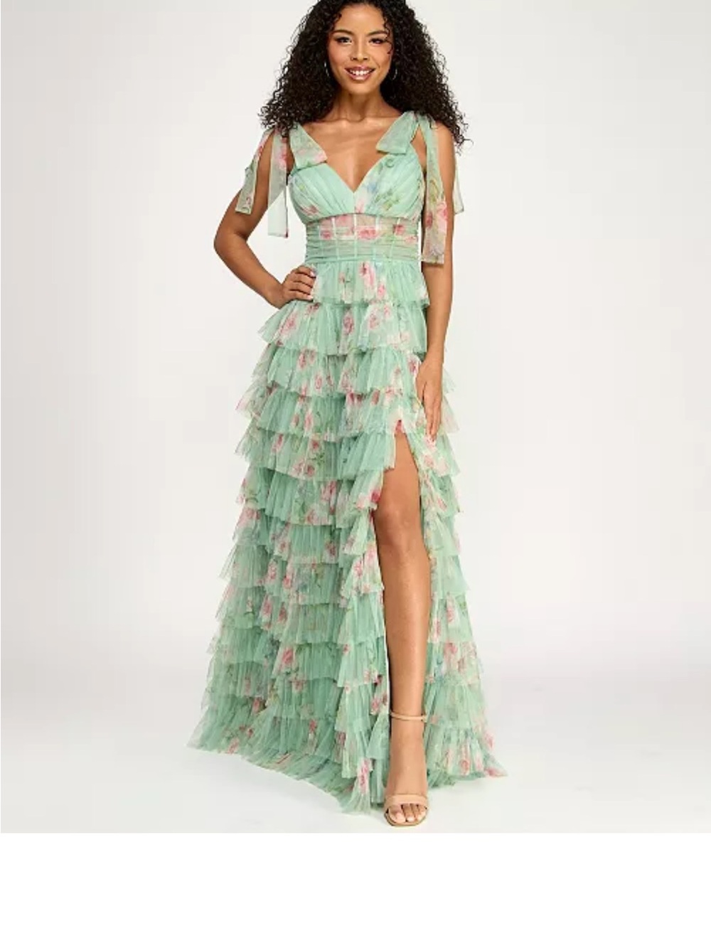 B Darlin Sage Floral Tiered Ruffle Maxi Dress with Side Slit